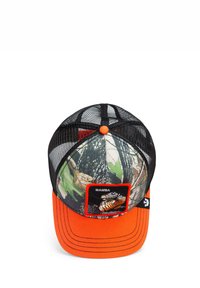 Orange bill cap with a mesh back, featuring a camouflage pattern and a black patch with an illustration. Round button on top.