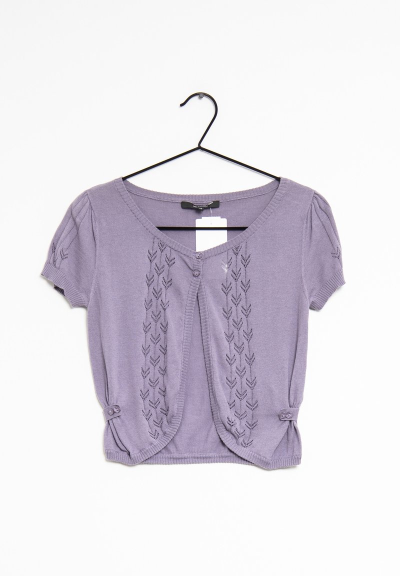 Lilac short-sleeve cardigan with button closure and decorative knit pattern hanging on a black hanger against a white background.