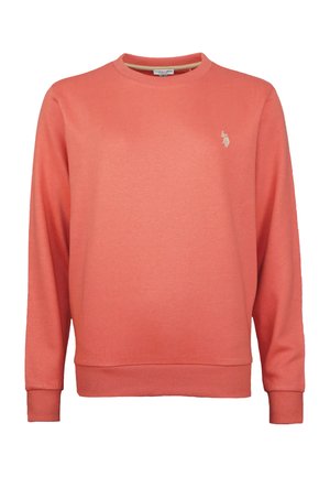 Koralen pulover z dolgimi rokavi in okruglim izrezom, z rebrastimi manšetami in robom, ki ima majhen bel vezen logotip na levem prsnem delu.