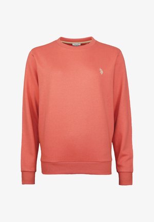 Coral long-sleeve crew neck sweatshirt with ribbed cuffs and hem, featuring a small white embroidered logo on the left chest.