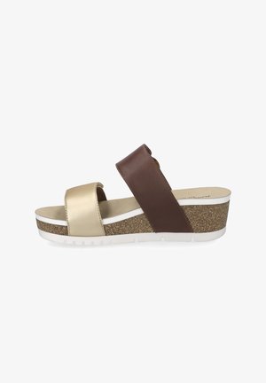 Brown and gold leather slide sandal with a cork wedge sole, featuring two broad straps and a white rubber sole for traction.
