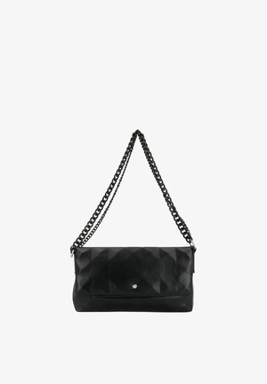 Borsa trapuntata nera con chiusura a patta e doppia tracolla a catena nera su sfondo bianco.