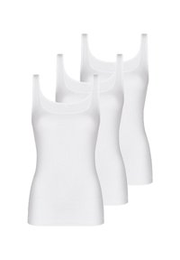 Three white tank tops made of smooth fabric, featuring wide straps and a scoop neckline. They have a fitted silhouette without any embellishments.