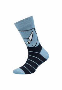 Socke in Crew-Länge mit blauen und navy Streifen, die ein Cartoon-Nashorn-Gesicht und schwarze Konturen aufweisen.