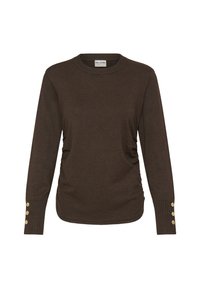 Pruun pikkade varrukatega kampsun, millel on külgedel volangid ja mansettidel kuldsed nupud. Valmistatud pehmest, tekstureeritud kangast.