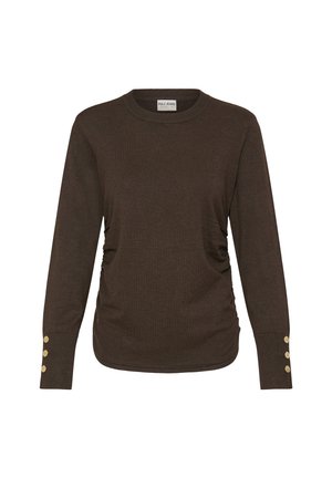 Brun langærmet sweater med rynkedetaljer i siderne og guldknapper på manchetterne. Fremstillet af blødt, tekstureret stof.