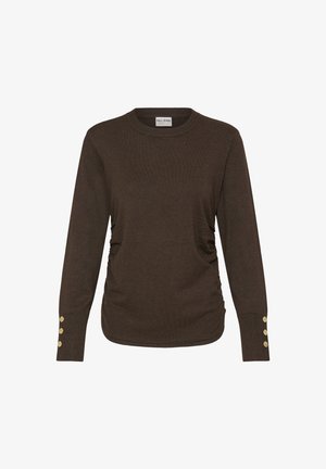 Brun langærmet sweater med rynkedetaljer i siderne og guldknapper på manchetterne. Fremstillet af blødt, tekstureret stof.