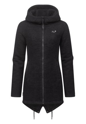 Mustat fleece-takit, joissa on vetoketjukiinnitys, huppu, kaksi sivutaskua ja takaa kapeneva helma. Karhea kangas lämpöä varten.
