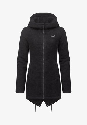 Black fleece jacket with a zip closure, a hood, two side pockets, and a hemline that tapers at the back. Textured fabric for warmth.