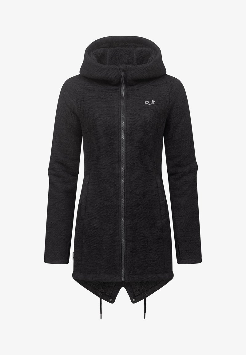 Black fleece jacket with a zip closure, a hood, two side pockets, and a hemline that tapers at the back. Textured fabric for warmth.