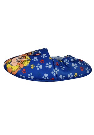 Blaue Kinderschlappe mit Comic-Hundemotiven und bunten Pfotenabdrücken, weichem Material und elastischer Ferse.