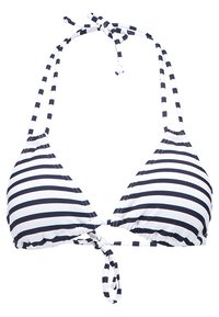 Marineblauer und weiß gestreifter Bikini-Oberteil mit dreieckiger Form, verstellbaren Bindeträgern und einem vorderen Knotendetail. Glatte Stoffstruktur.