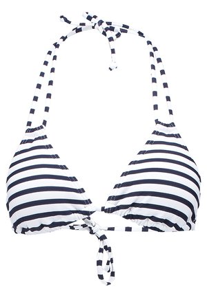 Marineblauwe en witte gestreepte bikini-top met een driehoekige vorm, verstelbare strikbandjes en een knoopdetail aan de voorkant. Glad stoftextuur.