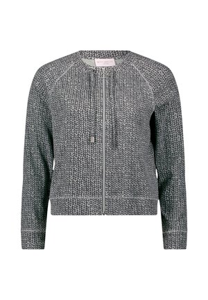 Grauer Reißverschluss-Pullover mit strukturiertem Strickmuster, gerippten Bündchen und Saum. Mit Rundhalsausschnitt und Kordelzügen an der Vorderseite.