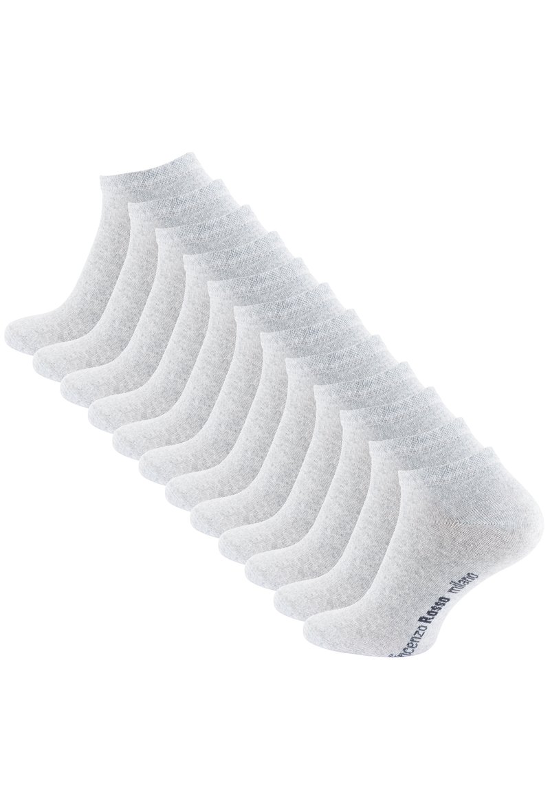 Graue Knöchelstrümpfe im Zwölf-Pack, mit geripptem Bündchen, glatter Textur und verstärktem Fersenbereich, sowie einem dunklen Akzent an der Sohle.