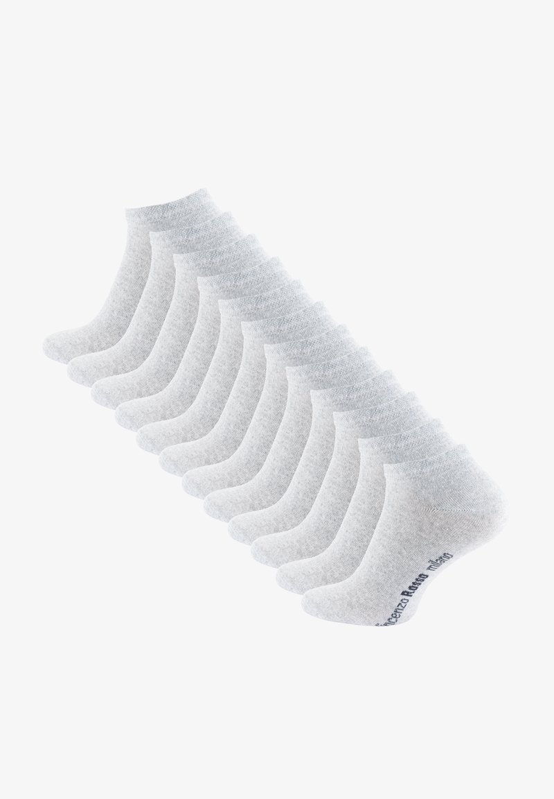 Graue Knöchelstrümpfe im Zwölf-Pack, mit geripptem Bündchen, glatter Textur und verstärktem Fersenbereich, sowie einem dunklen Akzent an der Sohle.