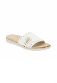 Infradito bianche con tomaia in tessuto morbido che presenta un design curvo, soletta beige imbottita e suola in gomma per il comfort.