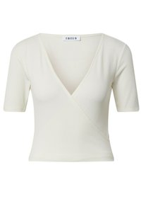 Witte geribbelde top met een diepe V-hals en korte mouwen, met een wikkelontwerp en een aansluitende silhouette. Label leest "EDITED."