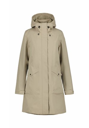 Beige vedenpitävä takki, jossa on huppu, kaksi etutaskua, vetoketju- ja napitus sekä säädettävät kiristysnyörit hupussa ja vyötäröllä.