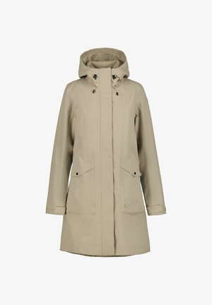 Beige vedenpitävä takki, jossa on huppu, kaksi etutaskua, vetoketju- ja napitus sekä säädettävät kiristysnyörit hupussa ja vyötäröllä.