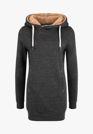 Tumehall halli kapuutsiga sviiter, millel on beež kunstkarv vooder, jooned, küljetaskud ja kolmnurkse kujuga pruunid aktsendid.