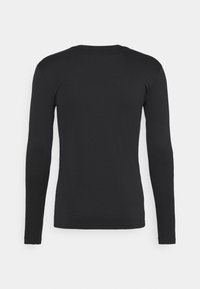 Schwarzes, langärmeliges T-Shirt aus glattem, elastischem Stoff mit rundem Ausschnitt und taillierter Silhouette, ohne sichtbare Logos oder Designs.