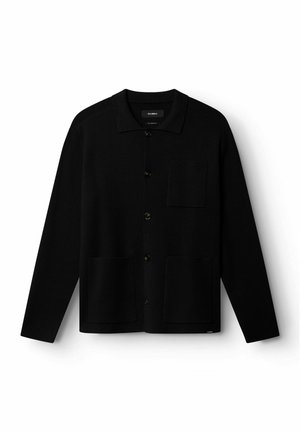 Black cardigan crafted from soft fabric, featuring a collar, button closure, two front pockets, and a patch pocket on the left side.