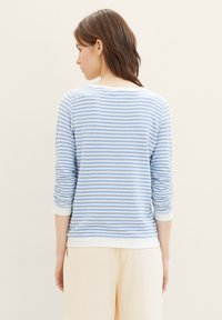 Pull rayé bleu et blanc avec manches longues, poignets côtelés et col rond. Texture douce avec un tissu léger et décontracté.
