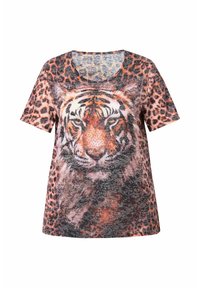 Koszulka z krótkim rękawem z grafiką tygrysa na tle w cętki lamparta. Materiał jest miękki i lekki, z okrągłym dekoltem.
