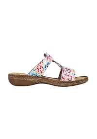 Sandale blanche à glissière ornée de motifs de papillons multicolores, dotée d'une semelle intérieure rembourrée et d'une semelle en caoutchouc texturée avec un petit talon compensé.