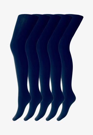 Mørkeblå over-knæ strømpebukser, lavet af et glat, strækbart materiale. Fem par præsenteret, med forstærket tå og sømløst design.