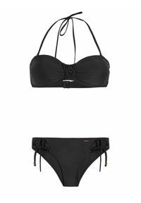 Juodas bikini rinkinys, kuriame yra bandeau tipo viršus su sutrauktomis detalėmis ir raišteliais, taip pat derančios kelnaitės su šoninėmis raištelėmis. Sklandžiama tekstūra, minimalistinis dizainas.