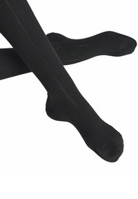 Schwarze knielange Socken mit strukturiertem Muster, ausgestattet mit gerippten Abschnitten und glattem Fußbett. Hergestellt aus einem dehnbaren Material für zusätzlichen Komfort.