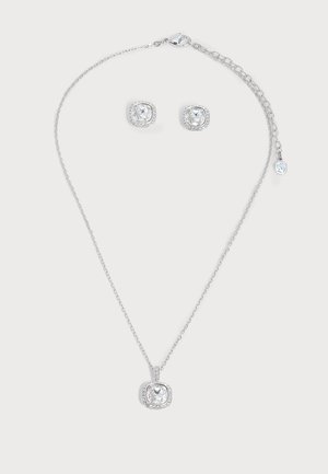 Silver necklace with a square clear gemstone pendant and matching square stud earrings, all surrounded by smaller sparkling stones.