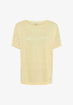 Hellgelbes T-Shirt mit kurzen Ärmeln und Rundhalsausschnitt, lässige Passform und kleines Markenschild nahe dem Saum.