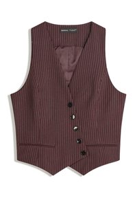 Burgundy pinstripe vest with a V-neck, six button closures, two front pockets, and a smooth interior lining. Tailored fit with sharp edges.