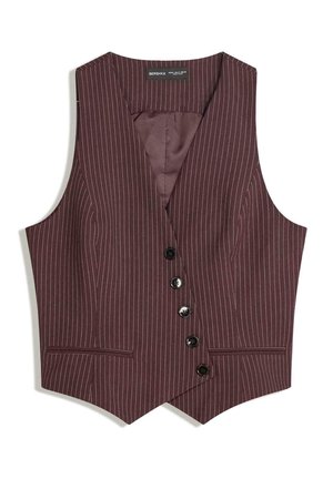Burgundy pinstripe vest with a V-neck, six button closures, two front pockets, and a smooth interior lining. Tailored fit with sharp edges.