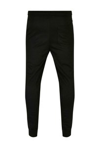 Pantalons de jogging noirs avec une taille élastique, coupe cintrée et une poche arrière unique. Fabriqués en tissu doux avec une texture lisse.