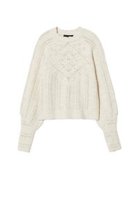 Pull en maille crème avec un motif en losanges texturé, manches raglan et ourlet côtelé. Confectionné en fil doux pour plus de confort.