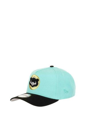Mint green cap with a black visor, featuring an embroidered panda logo in a gold circle on the front. Textured fabric, adjustable strap.