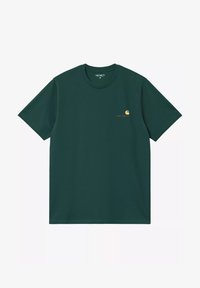 Camiseta de manga corta Carhartt en verde oscuro con cuello redondo y pequeño logo amarillo en el lado izquierdo del pecho.