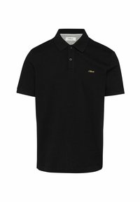 Schwarzes kurzärmliges Poloshirt aus Baumwolle mit klassischem Kragen, zwei Knöpfen und einem kleinen goldenen Logo auf der linken Brust.