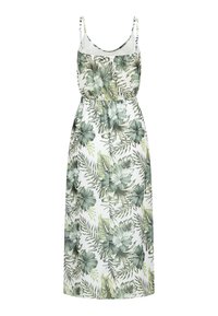 Robe maxi blanche sans manches avec imprimé de feuilles tropicales vertes et fleurs et taille élastique.
