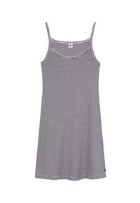 Vestito a canotta grigio e bianco a righe con sottili spalline, scollatura rotonda e orlo dritto. Realizzato in un tessuto morbido e leggero.
