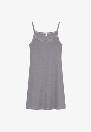 Vestito a canotta grigio e bianco a righe con sottili spalline, scollatura rotonda e orlo dritto. Realizzato in un tessuto morbido e leggero.