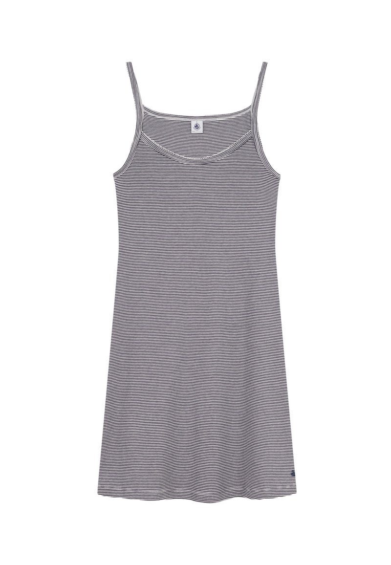 Vestito a canotta grigio e bianco a righe con sottili spalline, scollatura rotonda e orlo dritto. Realizzato in un tessuto morbido e leggero.