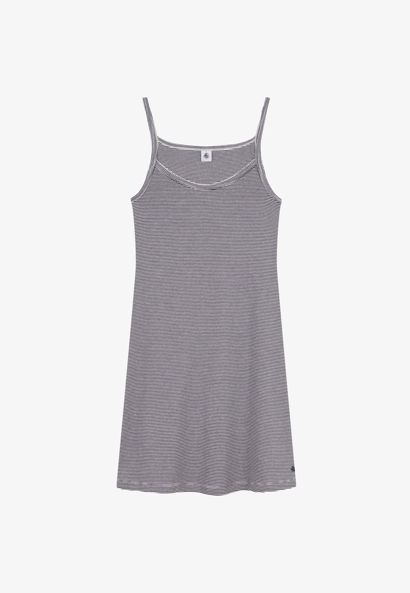 Vestito a canotta grigio e bianco a righe con sottili spalline, scollatura rotonda e orlo dritto. Realizzato in un tessuto morbido e leggero.