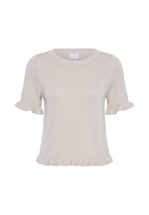Pull beige en tricot à manches courtes avec bords volantés aux manches et à l'ourlet, col rond, étiquette de la marque à l'intérieur du col.