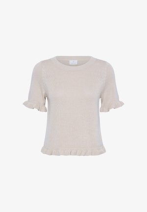 Pull beige en tricot à manches courtes avec bords volantés aux manches et à l'ourlet, col rond, étiquette de la marque à l'intérieur du col.