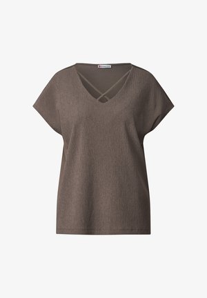 Bruine korte mouwen top met een V-hals en kruislings ontwerp bij de halslijn. Textuurstof met subtiele horizontale lijnen.
